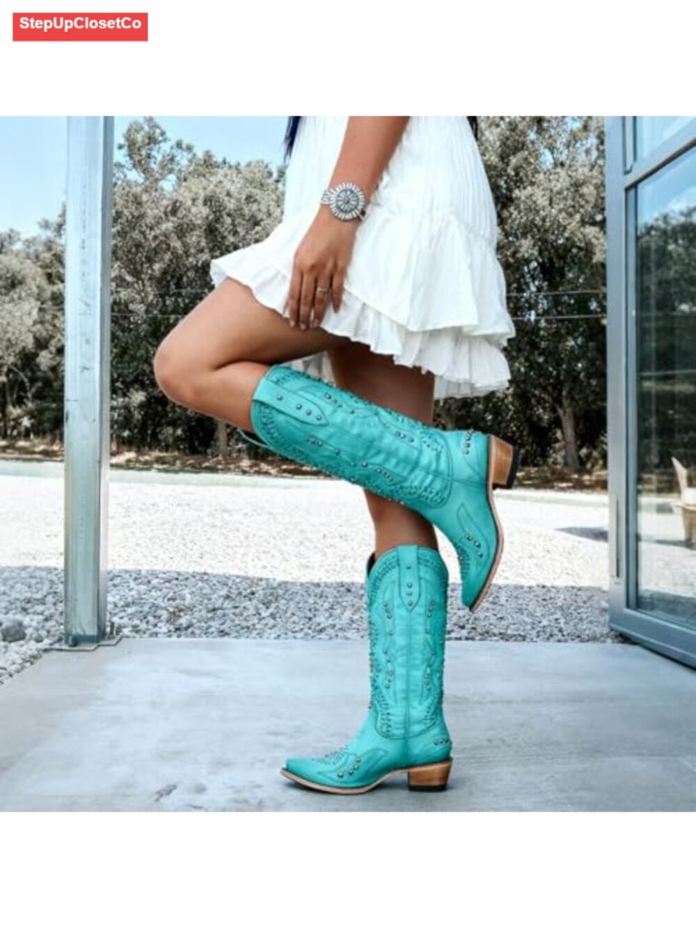 Women's Cowboy Boots Knee High Western Distressed Vegan Leather Stacked Heel - Picture 2 of 6